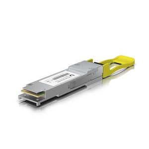 Ubiquiti QSFP28 transceiver that  supports 100G connections up  to 2 km using single-mode fiber with an MPO-12 APC connector.