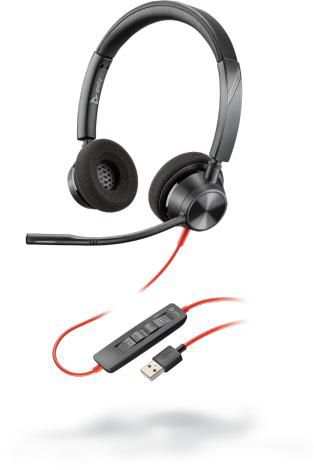 Poly Blackwire 3320 eadset, Head-band, Calls &  Music, Black, Binaural, PTT, Play/Pause, Track <lt/>, Track <gt/>, Volume +,
