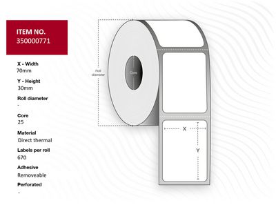 Capture Split-Label 70 x 47mm (70x30  / 70x17mm) - Core 25. White.  Top-coated. DT. Removable. 670 labels per roll. 4 rolls per box. Black Mark 25