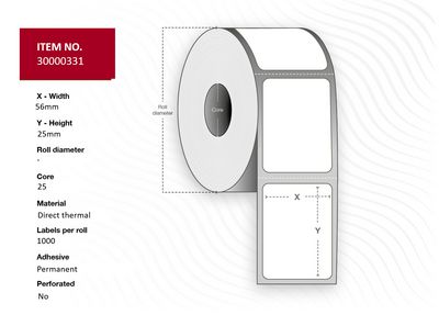 Capture Label 56x25 - Core 25. White.  Top-coated. DT. Permanent.  1.000 labels per roll. 24 rolls per box 25 mm core. 1.000 lab./roll with gap