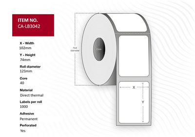 Capture Label 102x74, Core 40,  Diameter 121 mm. Thermal  print. Top coated. Permanent. 1000 labels per roll. 12 rolls per box.