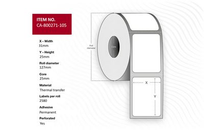 Capture Label 31 x 25mm, Core 25mm,  Thermal Transfer, Coated,  Permanent, Perforated, 2580 labels per roll, 12 rolls per box
