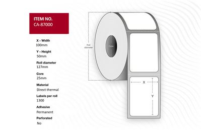 Capture Label 100 x 50mm Core 25mm,  Direct Thermal, Coated,  Permanent, No perforation, 1300 labels per roll, 4 rolls per box.