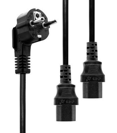 MicroConnect Power Y-Cord 3m IEC320, Black  Angled Schuko to 2 x C13  H05VV-F, 1.00MM2, max. current: 16A Angled Schuko to  2 x C13 H05VV-F, 0,75mm3,