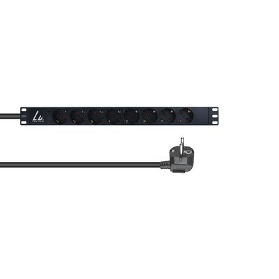 Lanview 19" rack mount power strip, 1U, 16A with 8 x Schuko type F socket and 3m power cord and Schuko plug