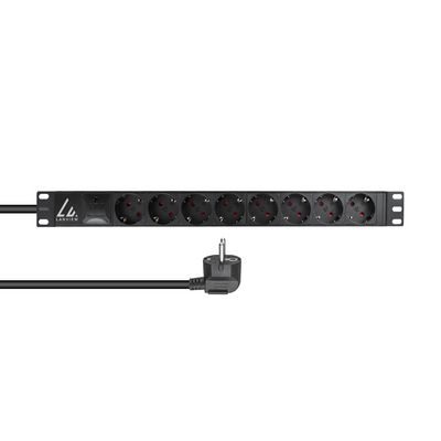 Lanview 19" Rack mount power strip, 16A with 8 x Schuko type, with hot swap surge protector device, 2m cable with Schuko plug