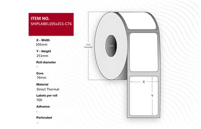 Capture Ship-label 105 x 251mm, Core  76mm. Direct Thermal, 700  labels per roll. 4 rolls per box