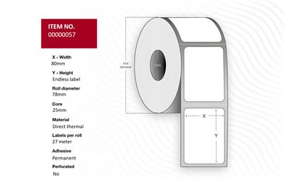 Capture Label 80mm(Width) x 80mm(Outer diameter) - Core 25. White. Premium. DT. Permanent. 4 rolls per box. 27 Meter, Endless Label