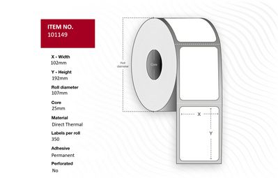 Capture Label 102x192 - Core 25. White. Uncoated. DT. Permanent. No perforation. 350 labels per roll. 18 rolls per box