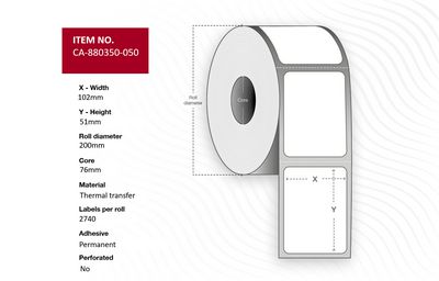 Capture Label 102 x 51mm, Core 76mm,  Thermal Transfer, Polyester,  Permanent, No perforation, 2740 labels per roll, 4 rolls per box.