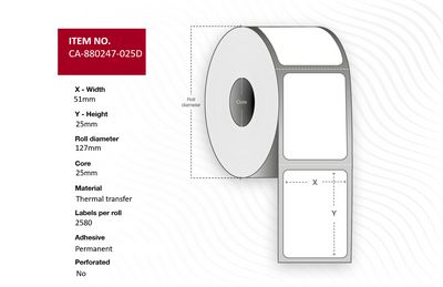 Capture Label 51 x 25mm, Core 25mm,  Thermal Transfer, Polyester,  Permanent, No perforation, 2580 labels per roll, 12 rolls per box.