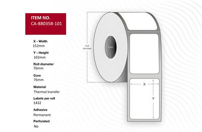 Capture Label 152 x 102mm, Core 76mm,  Thermal Transfer, Polyester,  Permanent, No perforation, 1432 labels per roll, 4 rolls per box