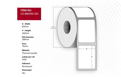 Capture Label 102 x 102mm, Core 76mm,  Thermal Transfer, Polyester,  Permanent, No perforation, 1432 labels per roll, 4 rolls per box