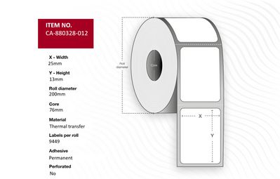Capture Label 25 x 13mm, Core 76mm,  Thermal Transfer, Polyester,  Permanent, No perforation, 9449 labels per roll, 12 rolls per box