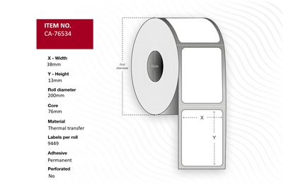 Capture Label 38 x 13mm, Core 76mm,  Thermal Transfer, Polyester,  Permanent, No perforation, 9449 labels per roll, 10 rolls per box