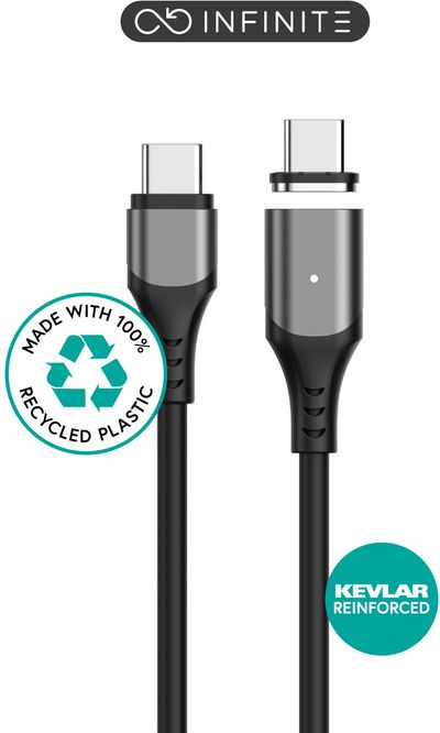 eSTUFF INFINITE (GRS) Magnetic USB-C  - C 2.0 Cable PD100W 480 Mbps  2,0m Black. 2 x USB-C tips included.