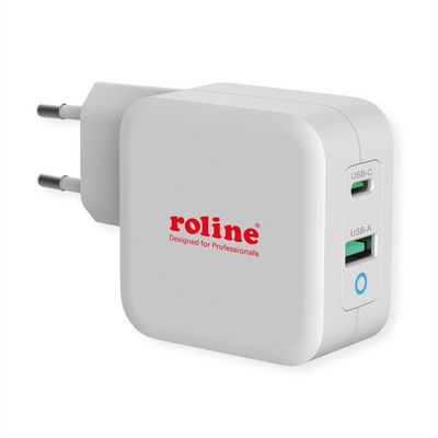 Roline USB WALL CHARGER EURO PLUG, 2  PORTS, 1X QC3, 65 WATT TOTAL,  HVID