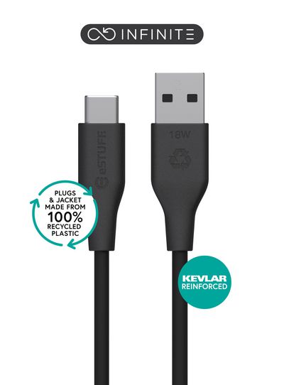 eSTUFF INFINITE (GRS) USB-C to USB-A  Cable 1m Black. Recycled  Plastic. Super Soft