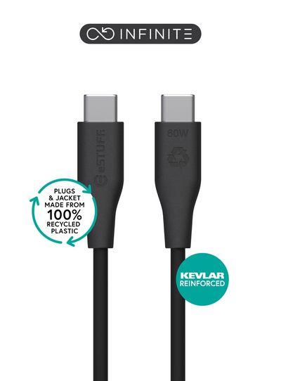 eSTUFF INFINITE (GRS) USB-C to USB-C Cable 2m Black. Recycled Plastic. Super Soft
