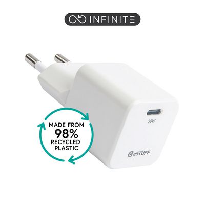 eSTUFF INFINITE (GRS) USB-C Charger  EU PD 30W GaN. 1 x USB-C.  White. 98% recycled plastic (rPC)