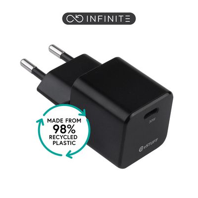 eSTUFF INFINITE (GRS) USB-C Charger  EU PD 30W GaN. 1 x USB-C.  Black. 98% recycled plastic (rPC)