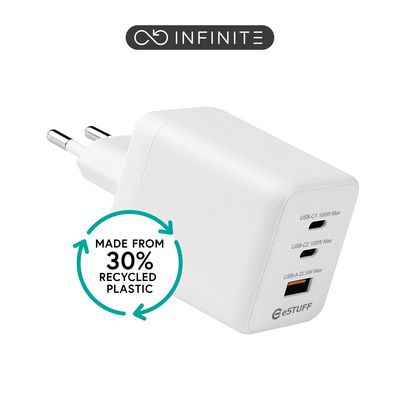 eSTUFF INFINITE USB-C Charger EU PD  100W GaN. 2 x USB-C. 1 x  USB-A White. 30% recycled plastic (rPC)